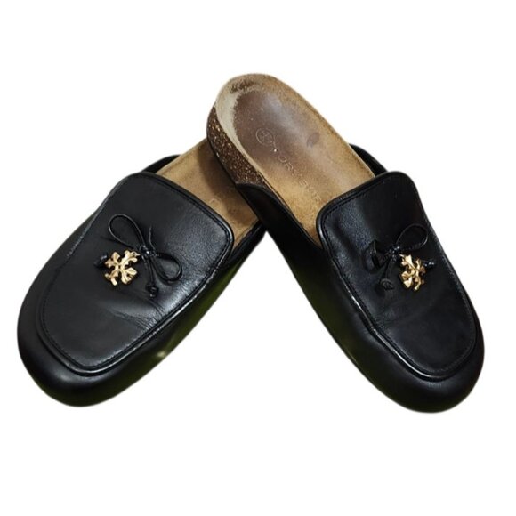 Tory Burch Charm Mules Flat Slip-on Black Genuine Leather Natural Cork US Size 7 - Picture 3 of 14